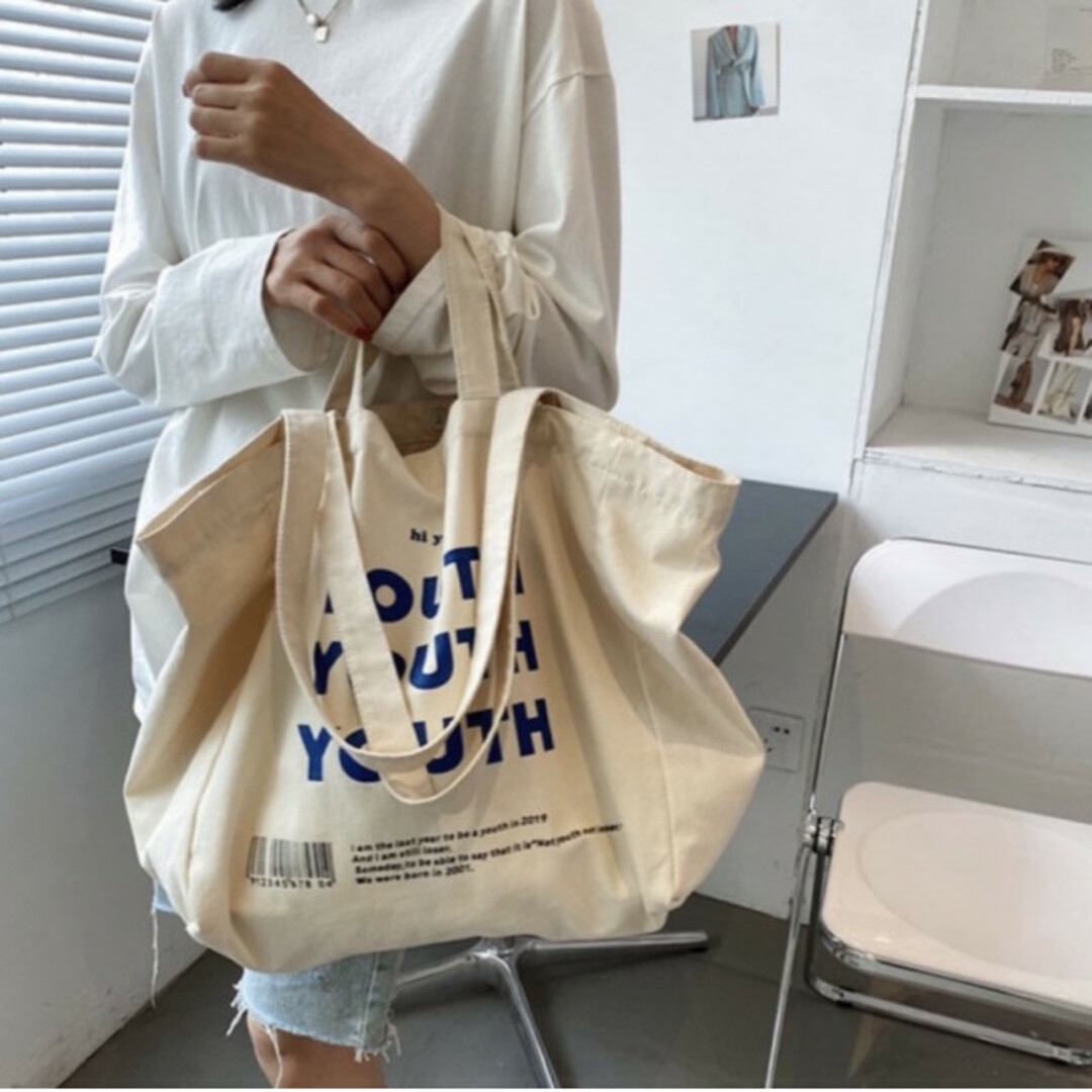 youth ロゴ キャンバストート 帆布 きなり 綺麗 美品 大容量 安い 青の通販 by iomamama⭐︎shop ｜ラクマ