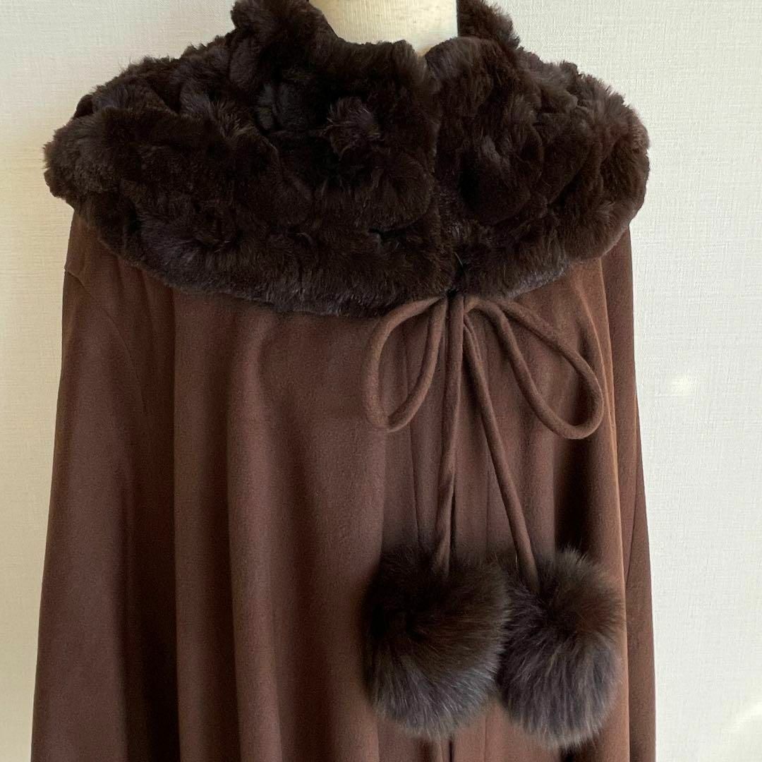 ファー襟 カシミヤ×ウール ビッグポンチョ ショール ブラウン ポンポン付リボン