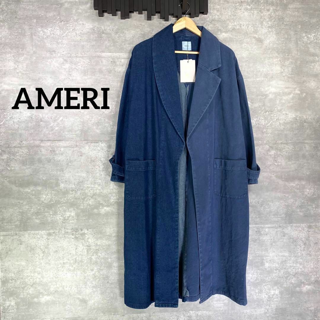 カラーネイビー『AMERI』アメリ デニムロングコート / 切り替え パッチワーク