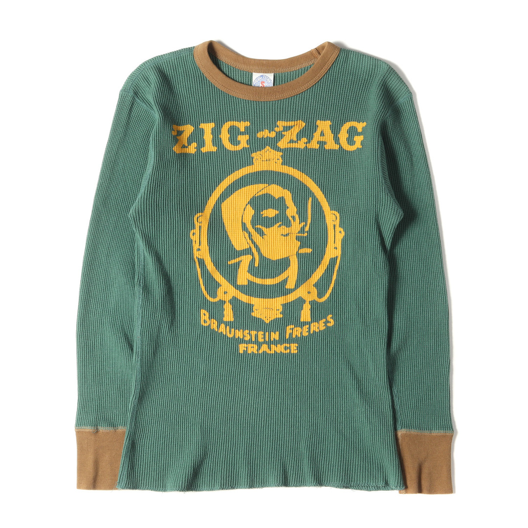 BOOTLEGGERS REUNION ブートレガーズ リユニオンTシャツ サイズ:S  ZIG-ZAG プリント サーマル クルーネック ロングスリーブ Tシャツ 長袖 グリーンブラウン トップス カットソー ロンT カジュアル アメカジ ブランド  【メンズ】