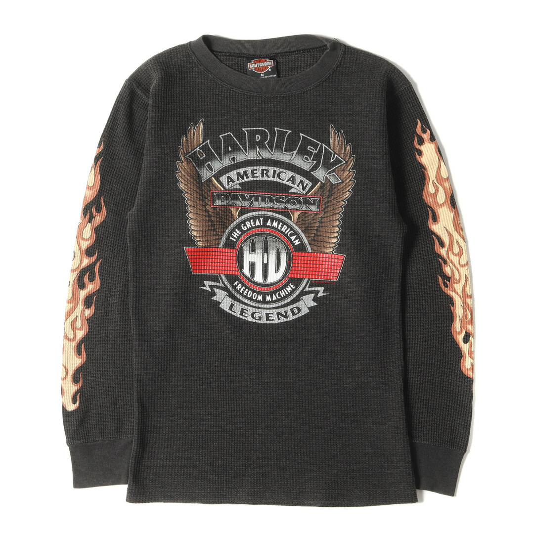 HARLEY-DAVIDSON ハーレーダビッドソン Tシャツ サイズ:M 90s HOLOUBEK イーグルエンブレム サーマル クルーネック ロングスリーブ Tシャツ 長袖 ブラック 黒 トップス カットソー ロンT アメカジ ブランド 【メンズ】メンズ