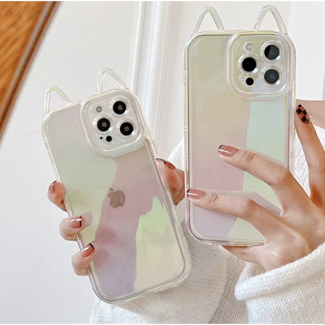 【新品】iPhoneケース　3D 猫耳　オーロラ　クリア　韓国　iPhone13 スマホ/家電/カメラのスマホアクセサリー(iPhoneケース)の商品写真