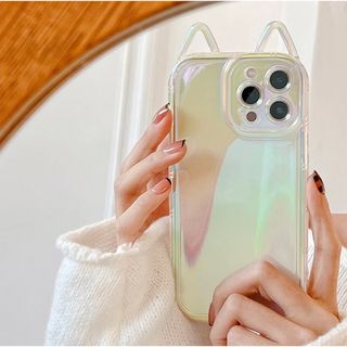 【新品】iPhoneケース　3D 猫耳　オーロラ　クリア　韓国　iPhone13(iPhoneケース)