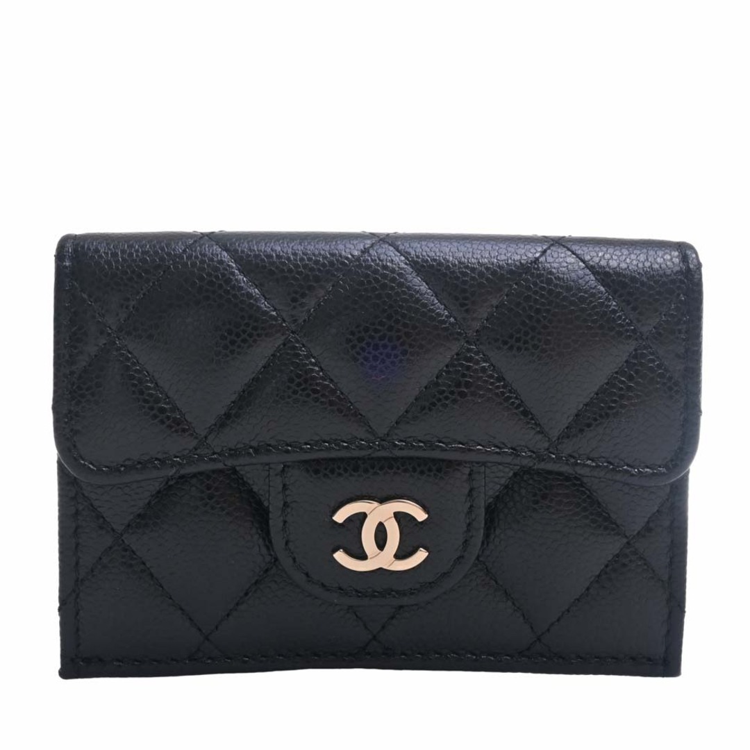 CHANEL シャネル キャビアスキン マトラッセ ココマーク 三つ折り コンパクト財布 - ブラック by