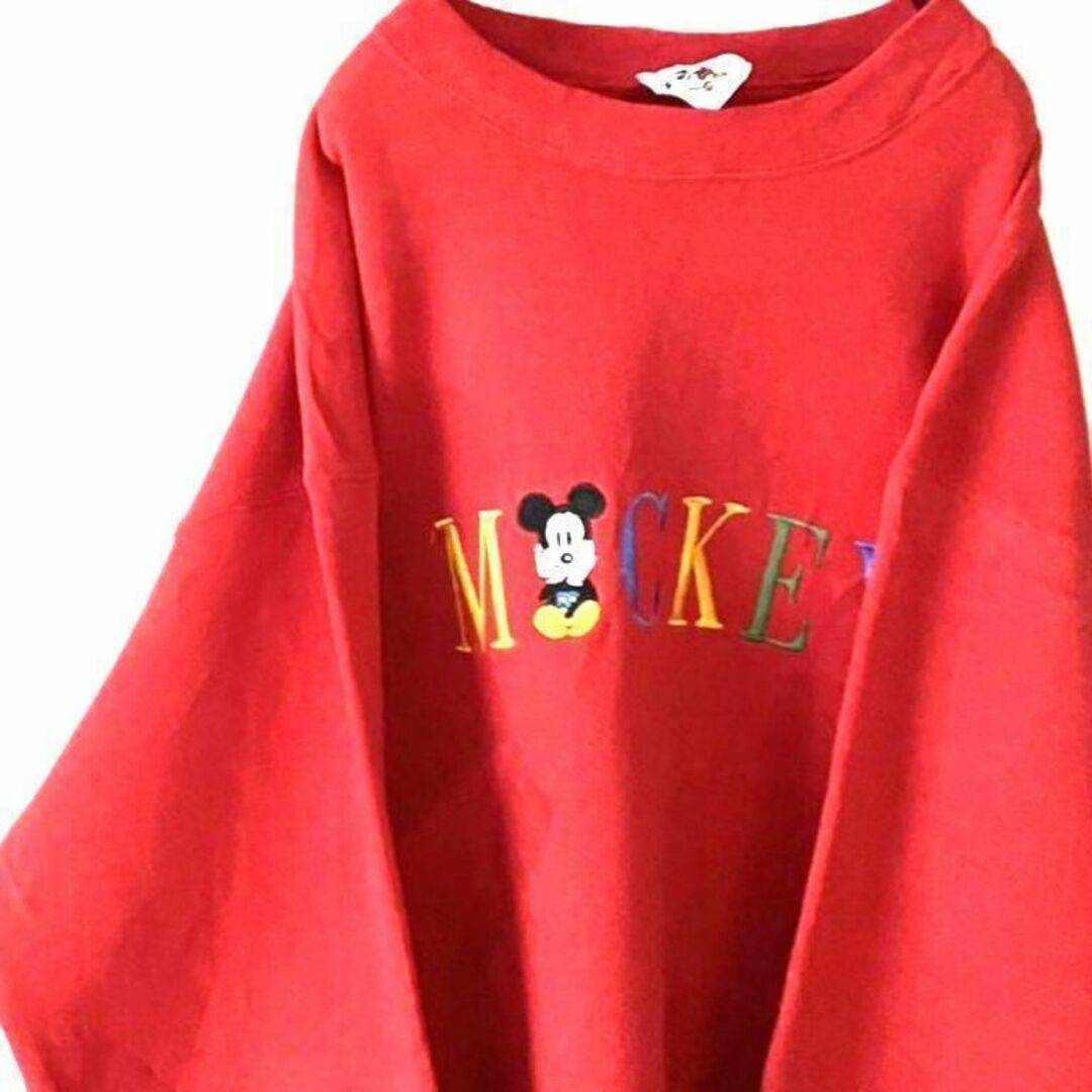ミッキーマウス(ミッキーマウス)のミッキーマウス MICKEY 刺繍 スウェット トレーナー レッド 赤 古着 メンズのトップス(スウェット)の商品写真
