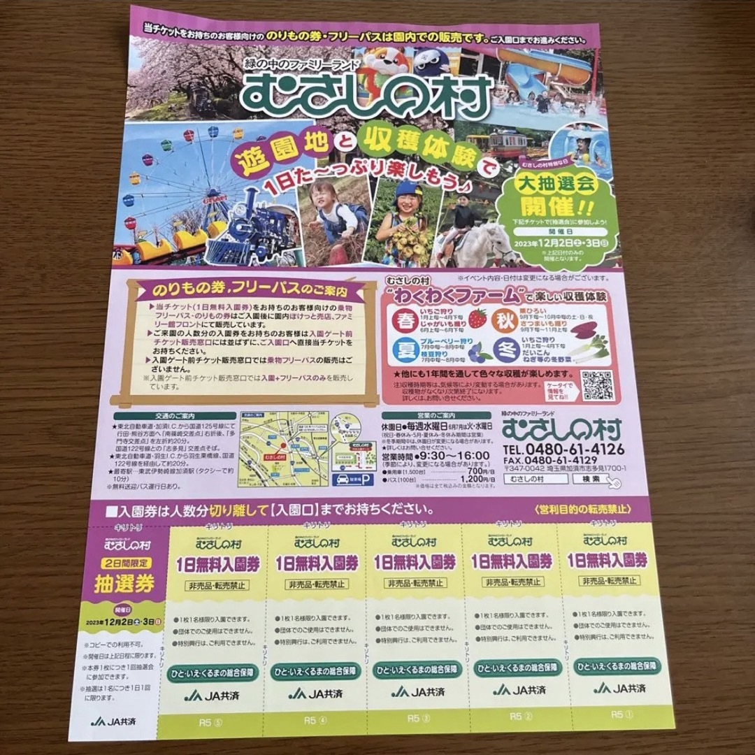 むさしの村 入園券 チケットの施設利用券(遊園地/テーマパーク)の商品写真