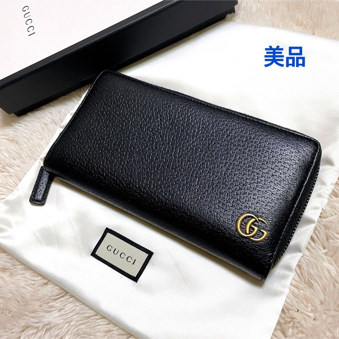美品】グッチ GGマーモント ラウンドファスナー長財布 レザー 本革