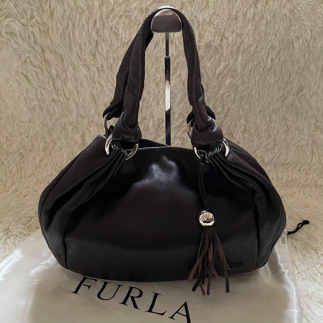 FURLA ハンドバッグ 巾着 フリンジ レザー シボ皮 ブラウン