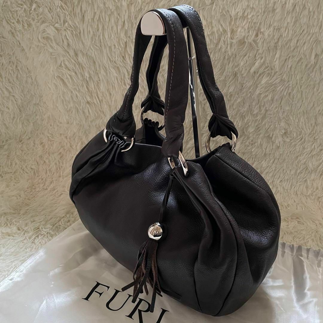 FURLA ハンドバッグ 巾着 フリンジ レザー シボ皮 ブラウン