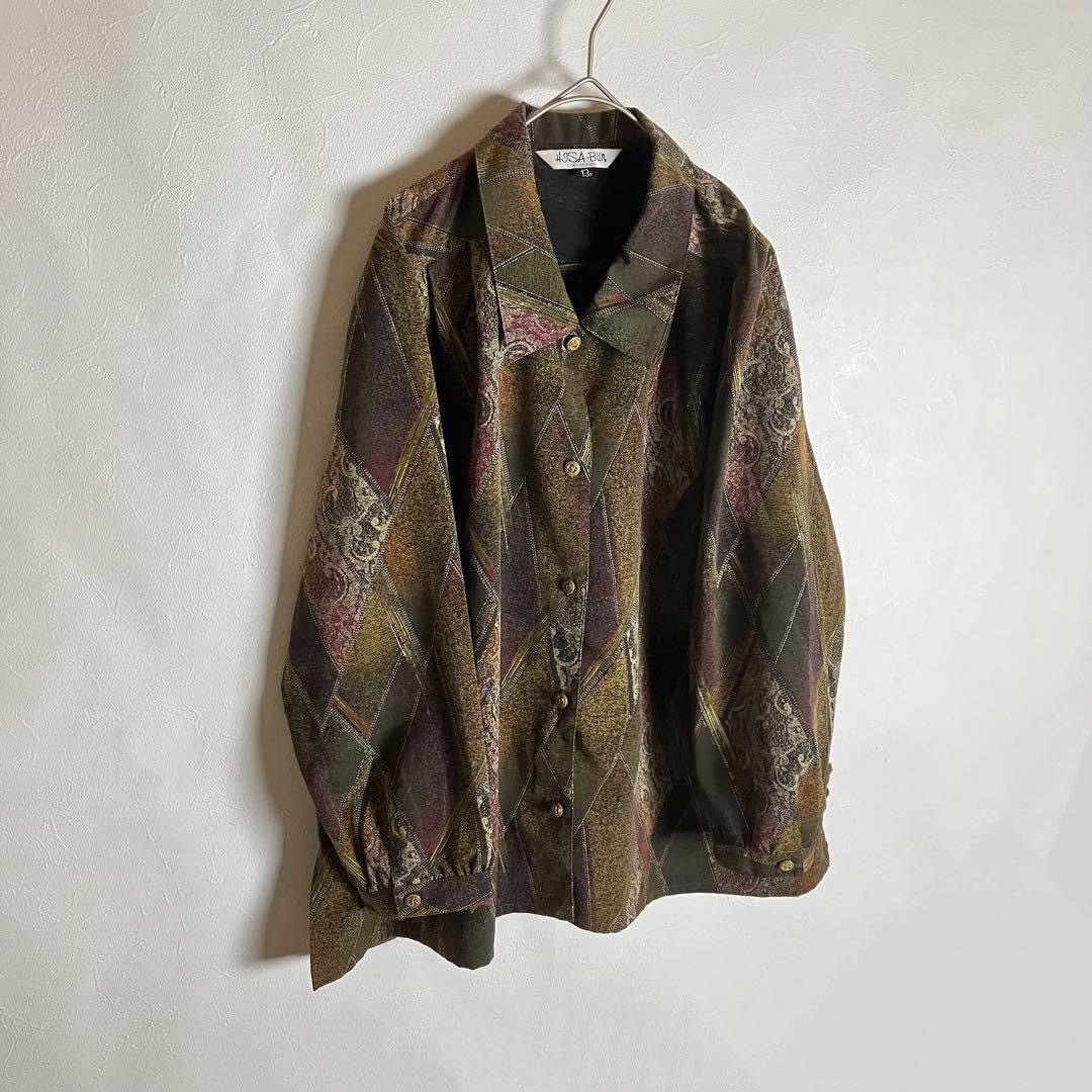 総柄シャツ アーガイル レトロボタン 長袖 緑 紫 茶 ポリシャツ 3