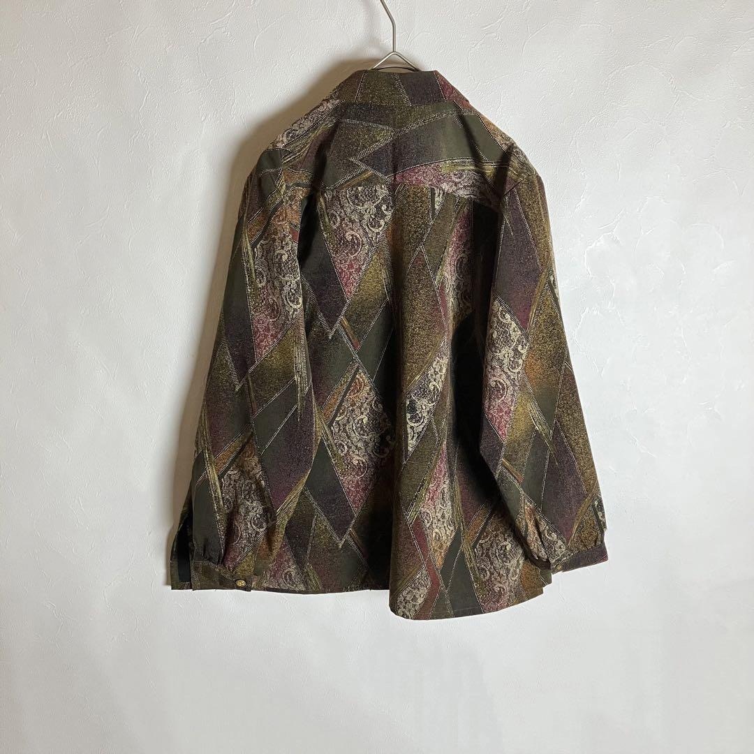 総柄シャツ アーガイル レトロボタン 長袖 緑 紫 茶 ポリシャツ 2