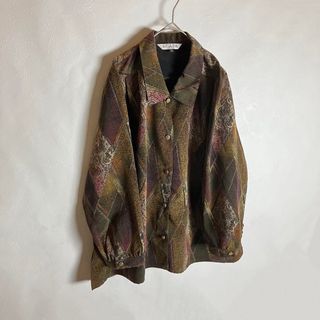 総柄シャツ アーガイル レトロボタン 長袖 緑 紫 茶 ポリシャツ