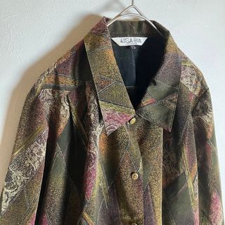 総柄シャツ アーガイル レトロボタン 長袖 緑 紫 茶 ポリシャツ