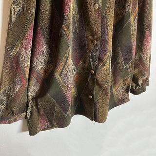 総柄シャツ アーガイル レトロボタン 長袖 緑 紫 茶 ポリシャツ