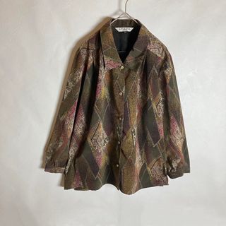総柄シャツ アーガイル レトロボタン 長袖 緑 紫 茶 ポリシャツ