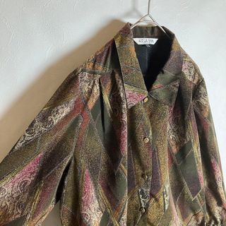総柄シャツ アーガイル レトロボタン 長袖 緑 紫 茶 ポリシャツ