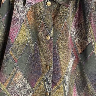 総柄シャツ アーガイル レトロボタン 長袖 緑 紫 茶 ポリシャツ