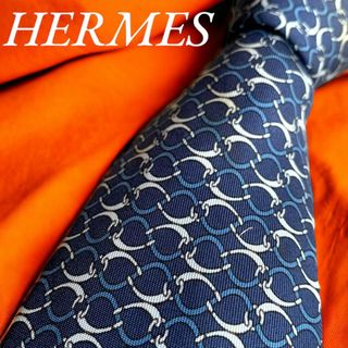 エルメス(Hermes)のHERMES ネクタイ シルク100% ブルー チェーン 総柄 フランス製(ネクタイ)