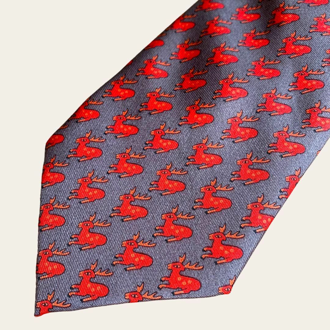 【美品】 HERMES ネクタイ シルク100 赤鹿 アニマル柄 フランス製
