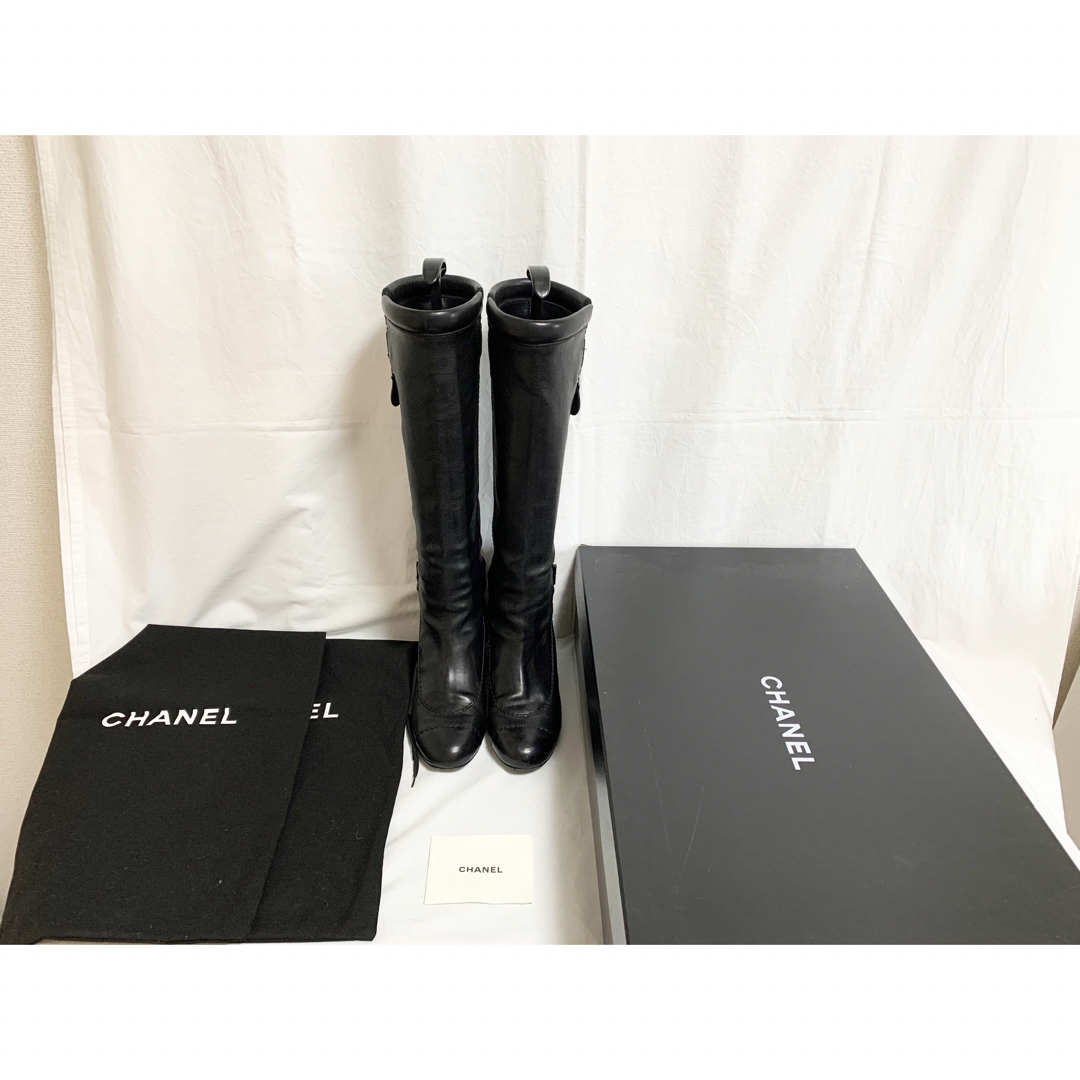 美品 シャネル G27319 ココマーク エンジニア レザーロングブーツ 37