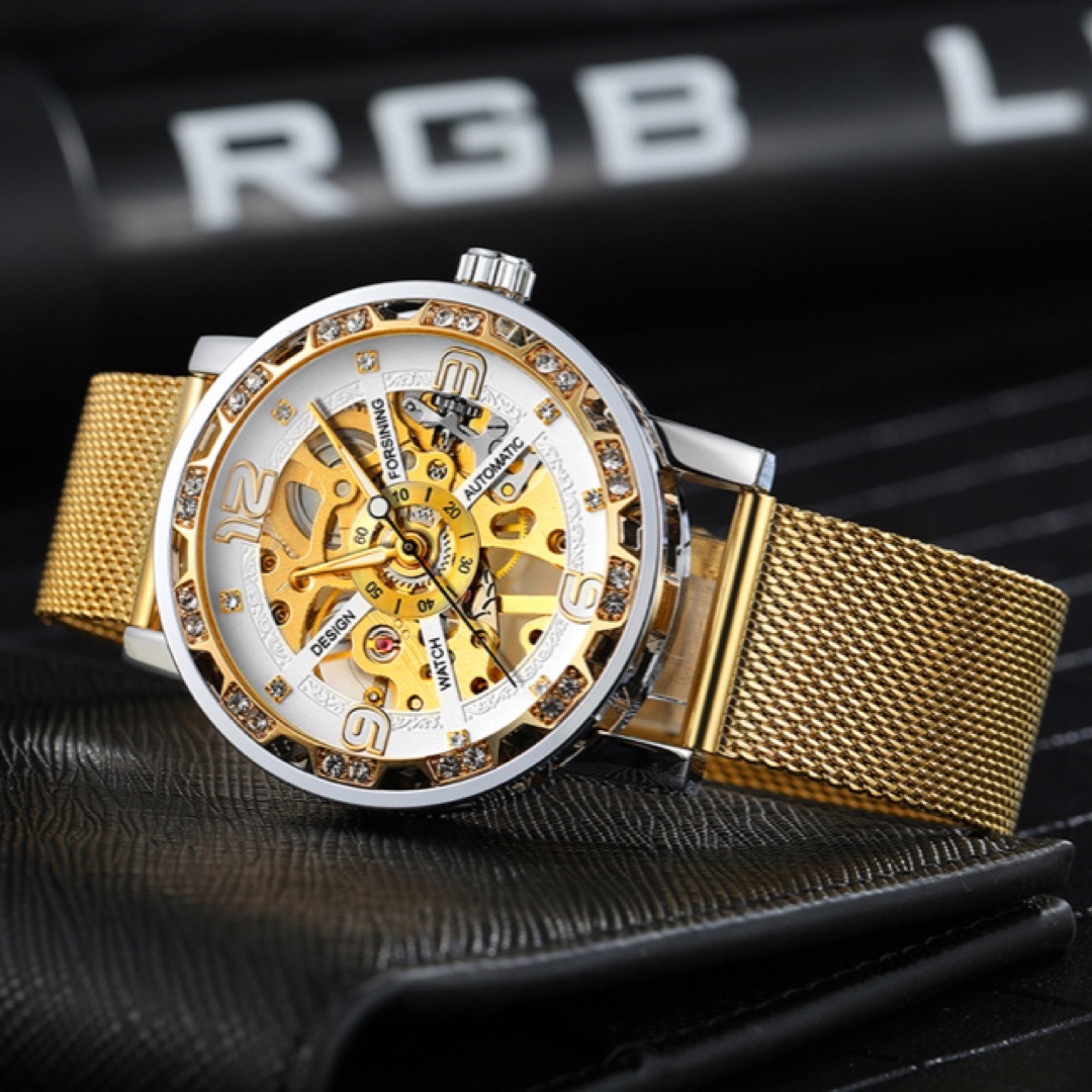 FORSINING ゴールドホワイト スケルトン ガラスダイヤ 機械式腕時計