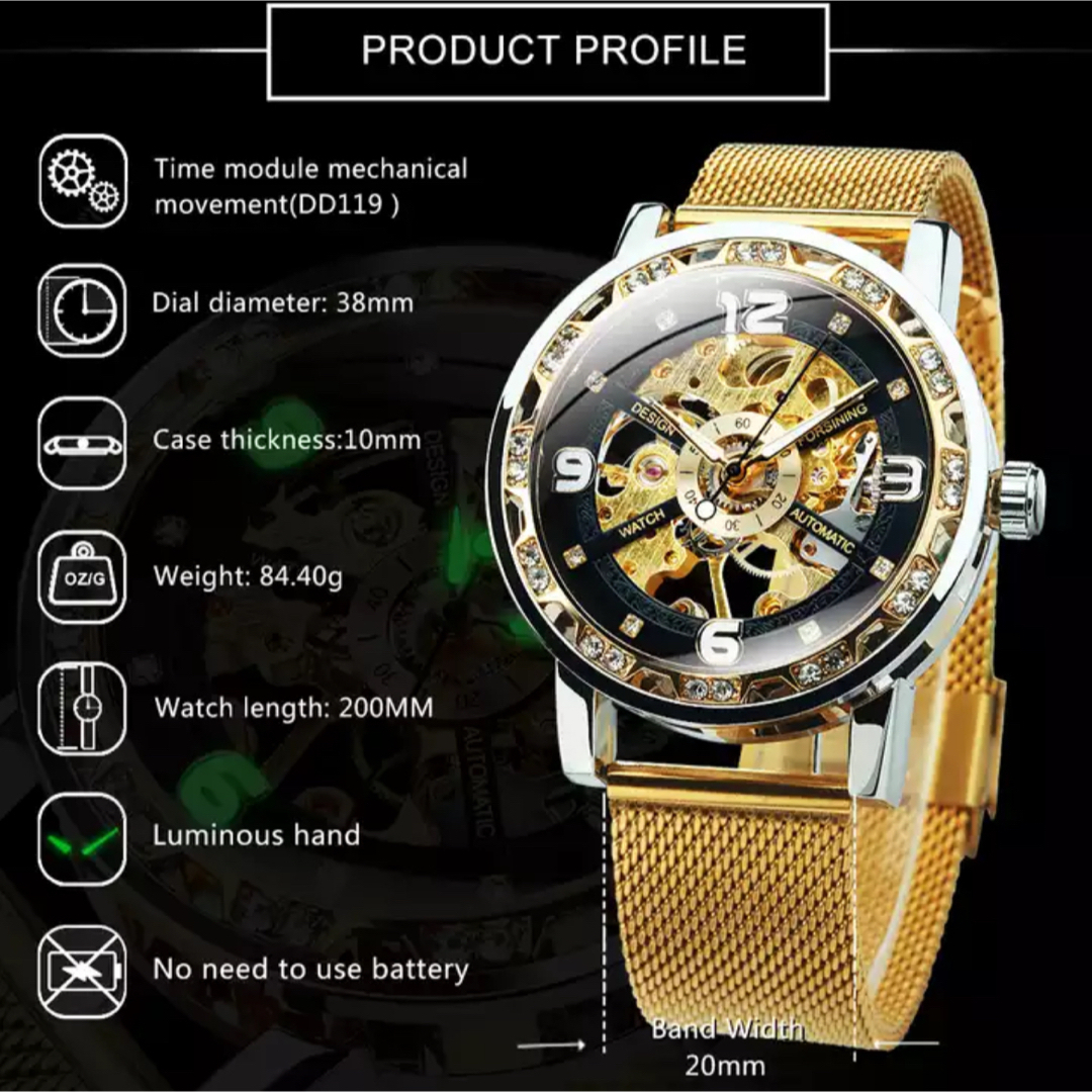 FORSINING ゴールドホワイト スケルトン ガラスダイヤ 機械式腕時計の通販 by YT's shop｜ラクマ