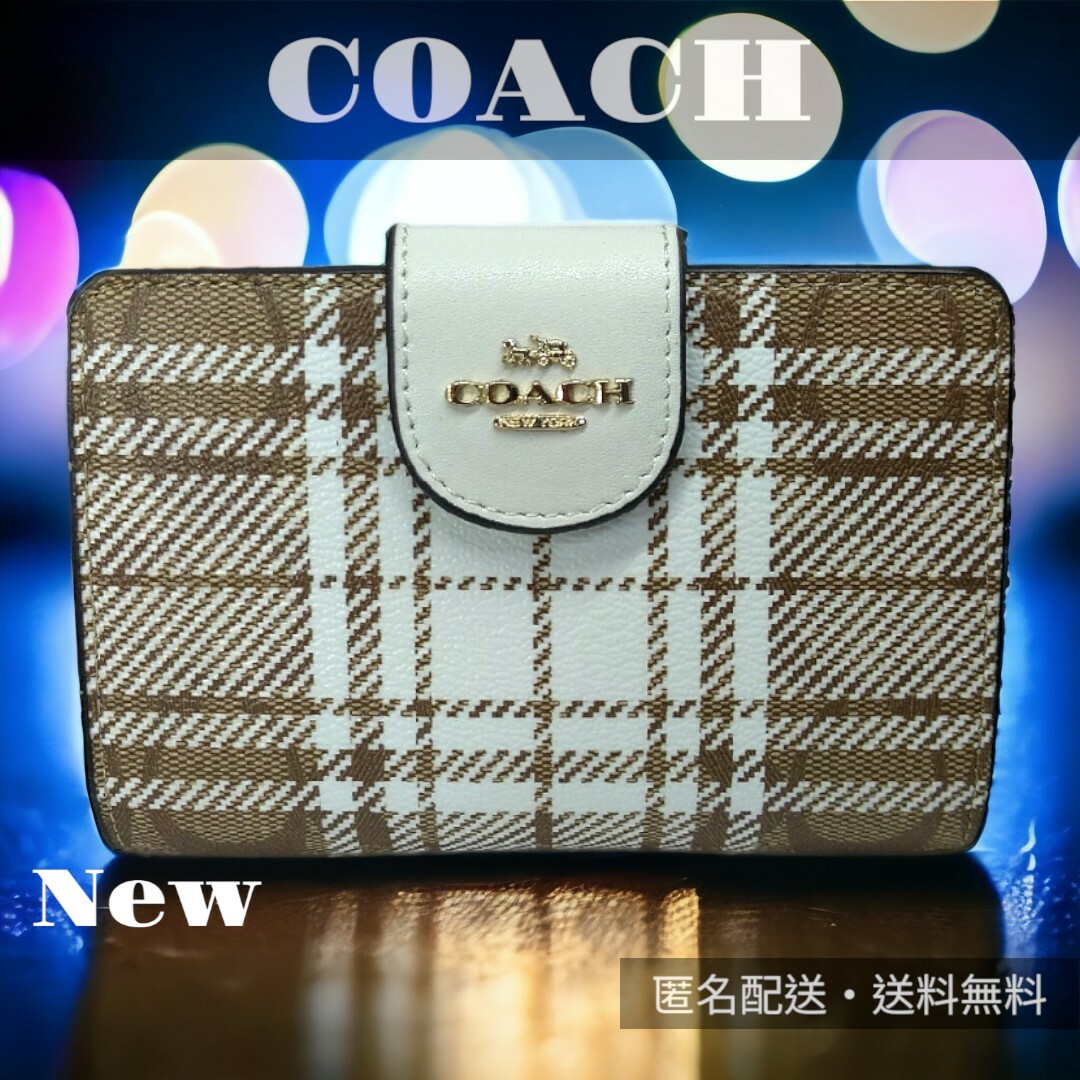 ⏹️未使用⏹️C6011 COACH コーチ 折り財布 白地 カーキチェック1 - 財布