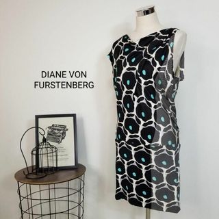 ダイアンフォンファステンバーグ(DIANE von FURSTENBERG)のダイアンフォンファステンバーグ総柄アシンメトリーシルクワンピース海外2黒(ひざ丈ワンピース)