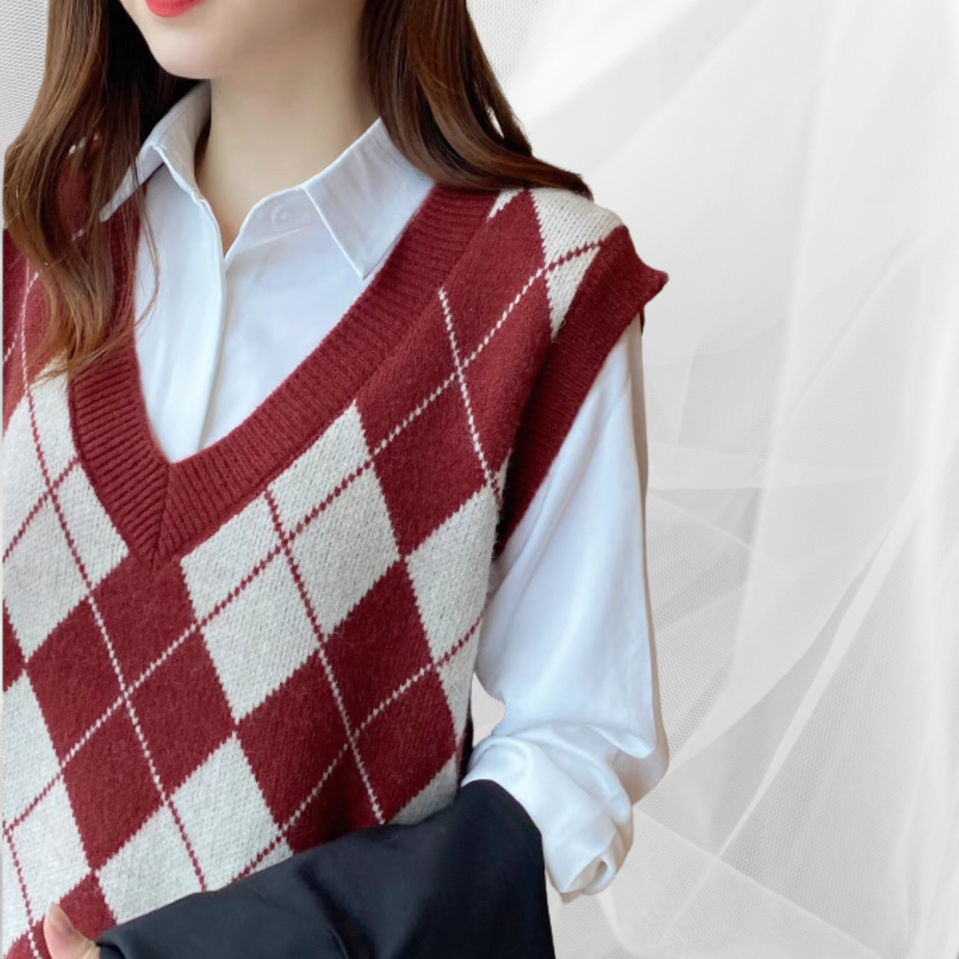 ◎レッド◎ Lingge ニットベスト レディース Vネック アーガイル柄 ◎レッド◎ Lingge ニットベスト レディース Vネック アーガイル柄