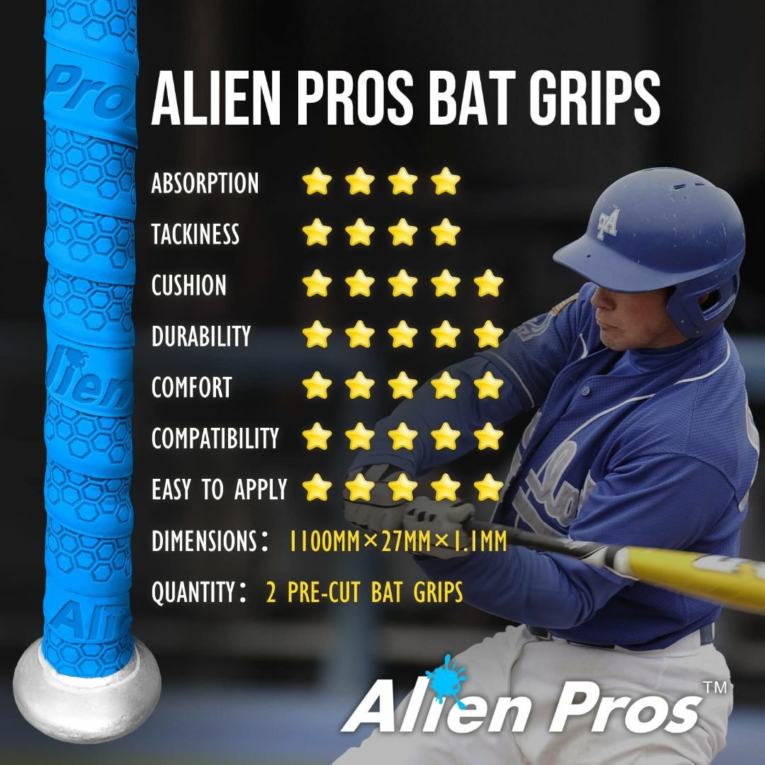 Alien Pros野球用バットグリップテープ（2/4グリップ）– 1.1 mm