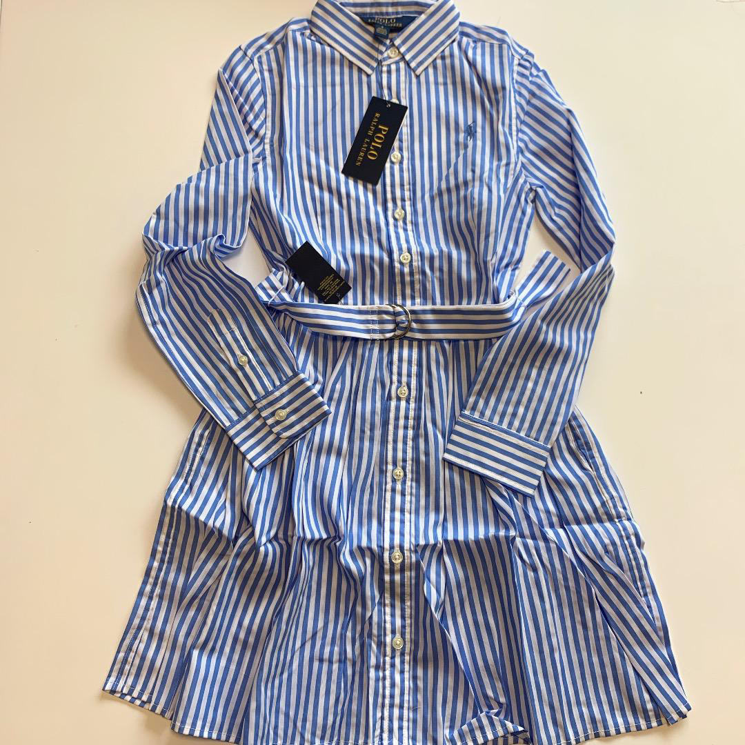 Ralph Lauren(ラルフローレン)の【新品】ラルフローレン ストライプ シャツ ワンピース ブルー 7  キッズ/ベビー/マタニティのキッズ服女の子用(90cm~)(ワンピース)の商品写真