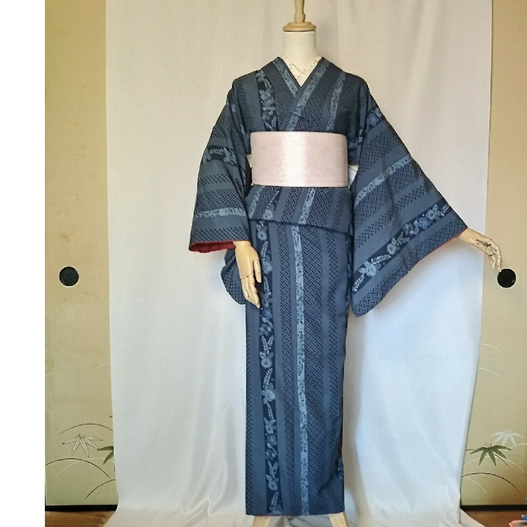 青系/辻ケ花ボーダー♥化繊袷*オシャレ小紋の通販 by *夢彩華*'s shop|ラクマ