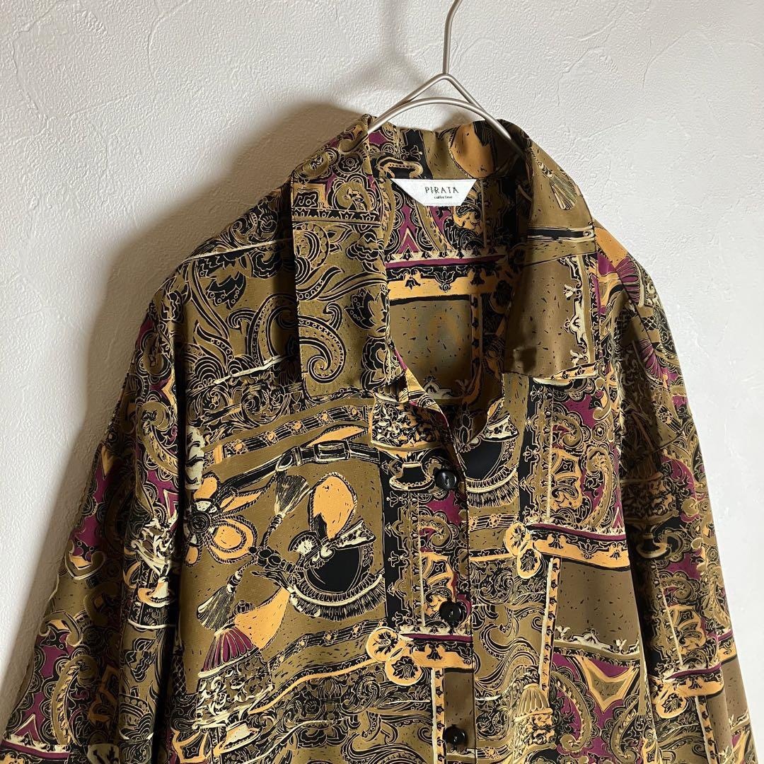 総柄シャツ オープンカラー 長袖 アート柄 茶 紫 黒 ポリシャツ 古着 総柄シャツ オープンカラー 長袖 アート柄 茶 紫 黒 ポリシャツ 古着