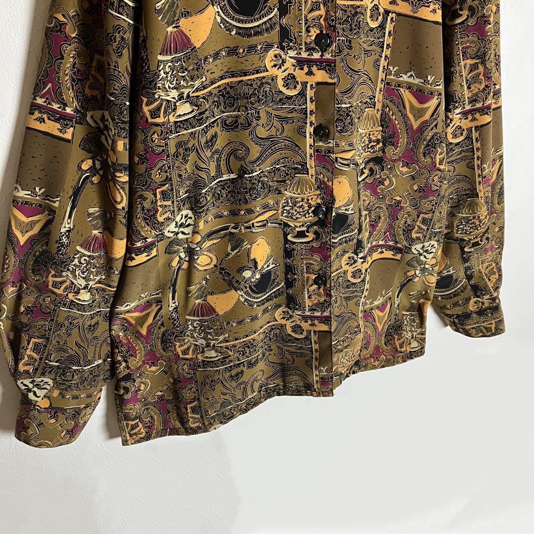 総柄シャツ オープンカラー 長袖 アート柄 茶 紫 黒 ポリシャツ 古着 総柄シャツ オープンカラー 長袖 アート柄 茶 紫 黒 ポリシャツ 古着