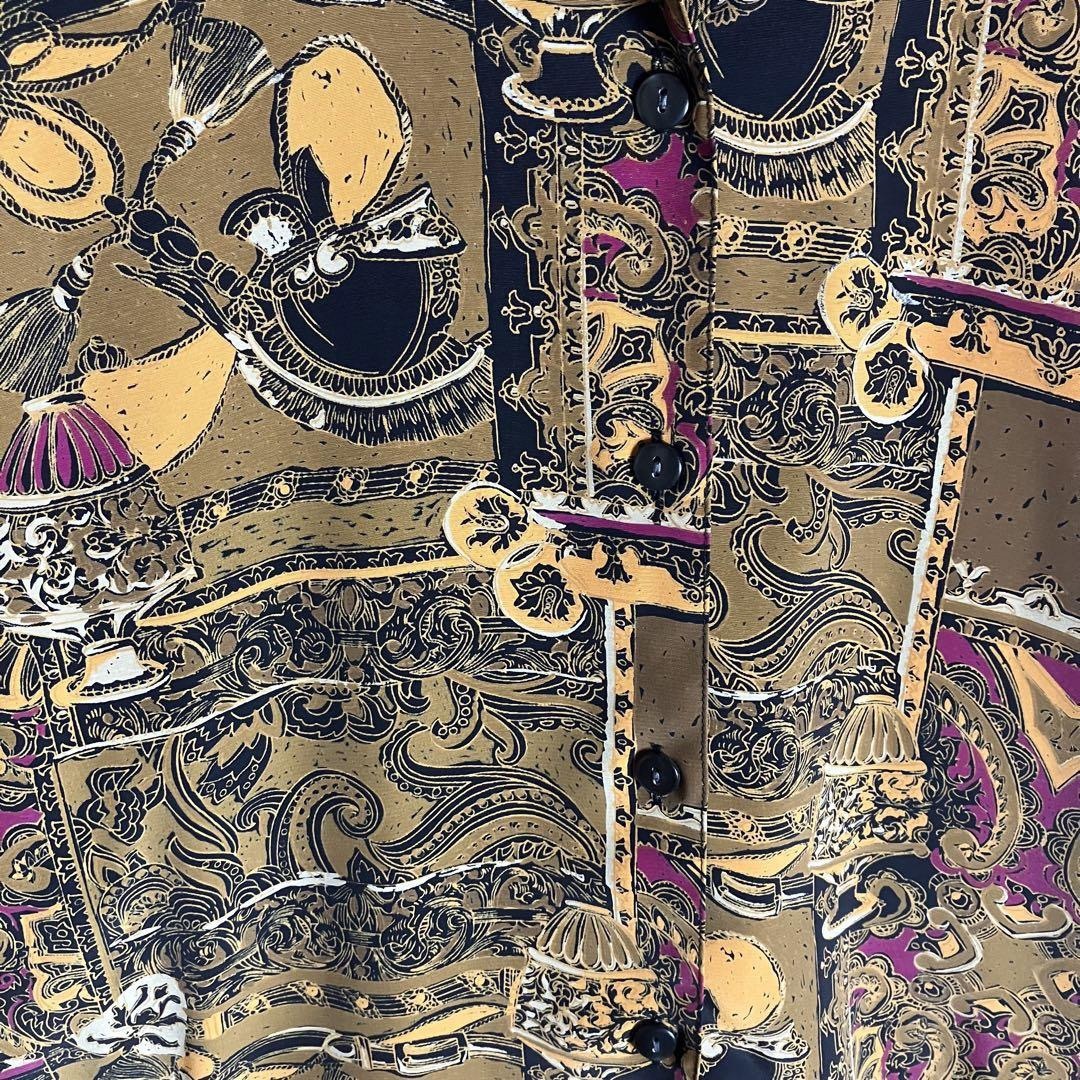 総柄シャツ オープンカラー 長袖 アート柄 茶 紫 黒 ポリシャツ 古着 総柄シャツ オープンカラー 長袖 アート柄 茶 紫 黒 ポリシャツ 古着