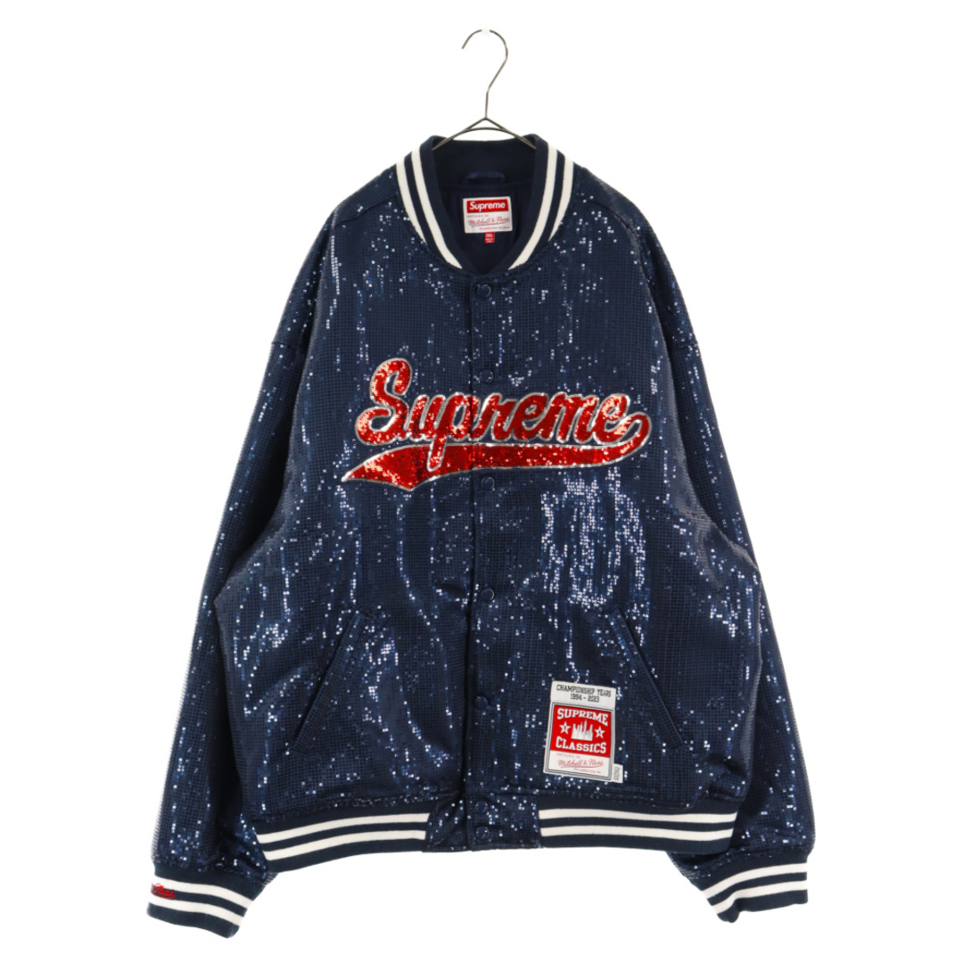 SUPREME シュプリーム 23SS Mitchell & Ness Sequin Varsity Jacket フロントロゴ スパンコール  バーシティジャケット スタジャン ネイビー/レッド | フリマアプリ ラクマ