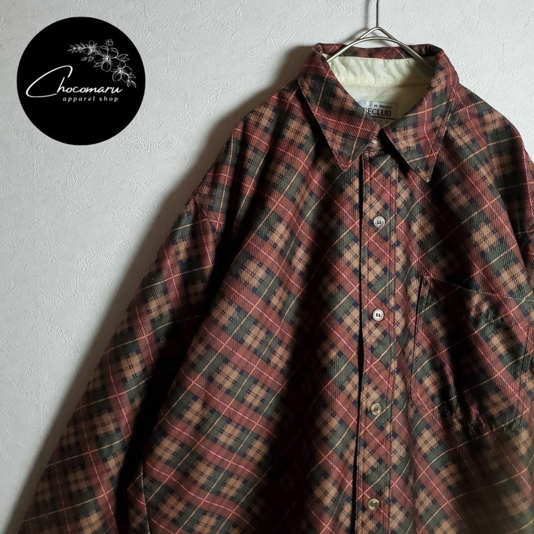 【長袖シャツ ブラウン 茶赤緑 チェック 総柄 柄シャツ ビンテージ 古着】 | フリマアプリ ラクマ
