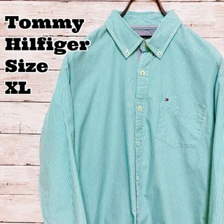 トミーヒルフィガー(TOMMY HILFIGER)のトミーヒルフィガー　オーバーサイズＸＬ　緑グリーン　コットンＢＤ長袖シャツ古着(シャツ)