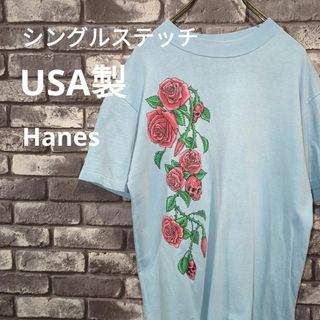 ヘインズ(Hanes)の90sシングルステッチ半袖tシャツ　ヴィンテージ古着　薔薇　髑髏　ビッグプリント(Tシャツ/カットソー(半袖/袖なし))