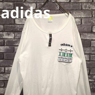 アディダス(adidas)の古着adidasロンt ヘンリーネックシャツ　白　長袖シャツ　men'sL XL(Tシャツ/カットソー(七分/長袖))