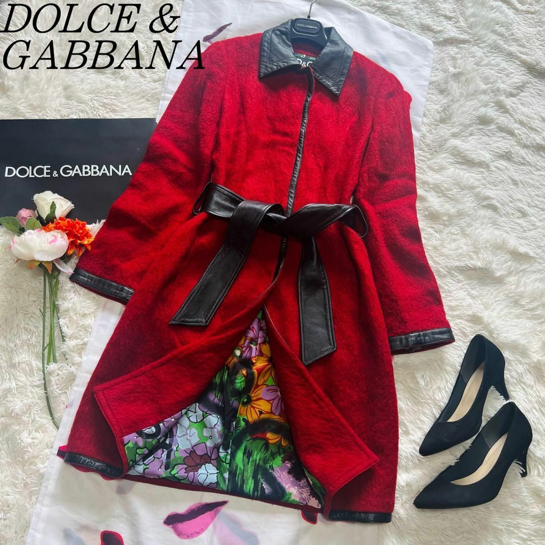 【良品】DOLCE&GABBANA ロングコート 赤 ベルト 花柄￼ 40 襟