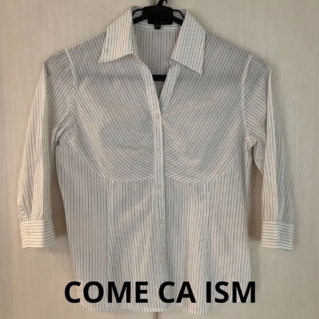 COMME CA ISM(コムサイズム)のCOME CA ISM　コムサ　白シャツ　ストライプ　ラメ　七分袖M　面接　就活 レディースのトップス(シャツ/ブラウス(長袖/七分))の商品写真