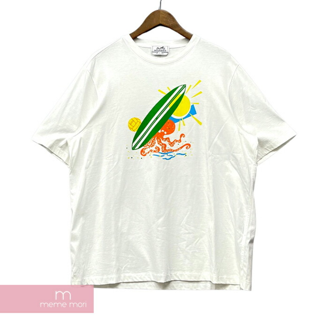 メンズHERMES 2023SS Poulp’Watch Tee エルメス プールプウォッチTシャツ 半袖カットソー プリント タコ サーフィン スリット ホワイト サイズXL【230905】【-A】【me04】