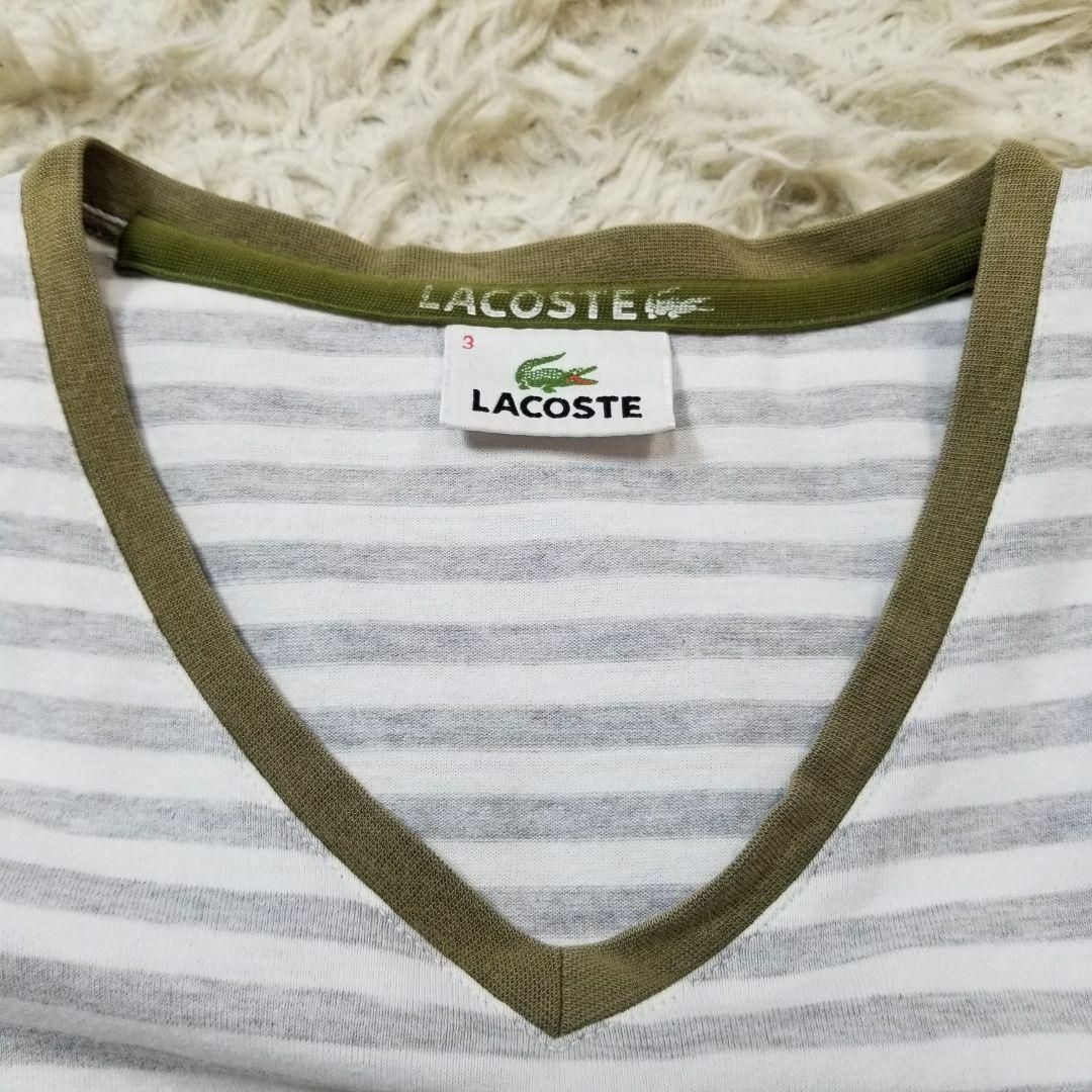 LACOSTE(ラコステ)のラコステVネックカットソー刺繍ロゴ半袖ボーダー柄Tシャツ3マルチ色ゴルフ テニス レディースのトップス(Tシャツ(半袖/袖なし))の商品写真