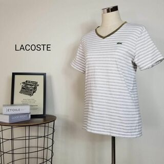 ラコステ(LACOSTE)のラコステVネックカットソー刺繍ロゴ半袖ボーダー柄Tシャツ3マルチ色ゴルフ テニス(Tシャツ(半袖/袖なし))