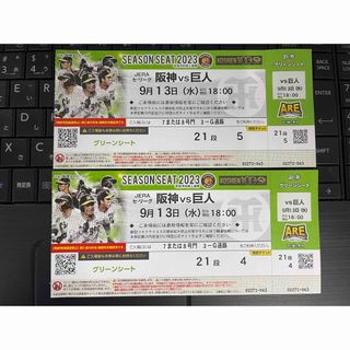 ハンシンタイガース(阪神タイガース)の9月13日　甲子園　阪神vs 巨人　18時開始 グリーンシート　通路側2席  (野球)