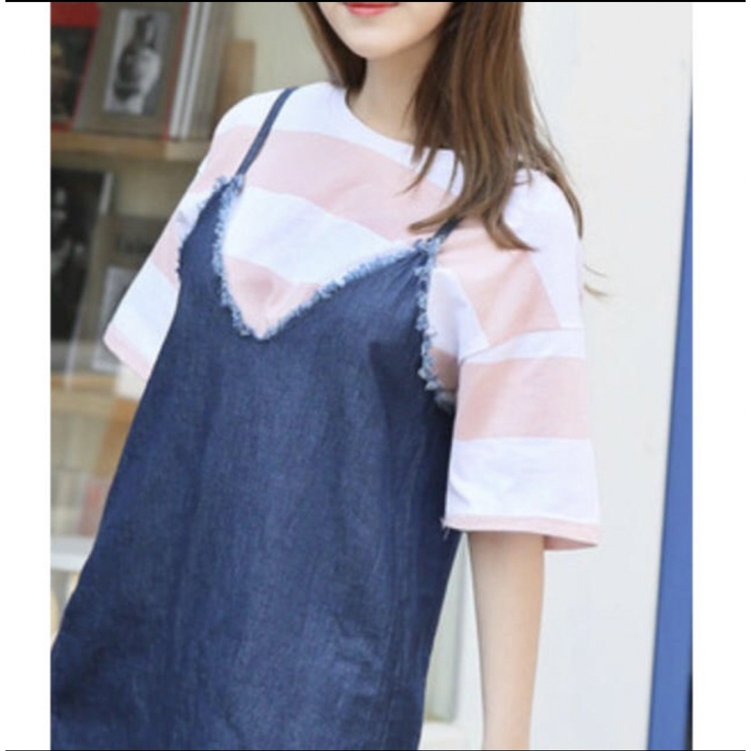 OHOTORO(オオトロ)のOHOTORO ビッグボーダーTシャツ ピンク レディースのトップス(Tシャツ(半袖/袖なし))の商品写真