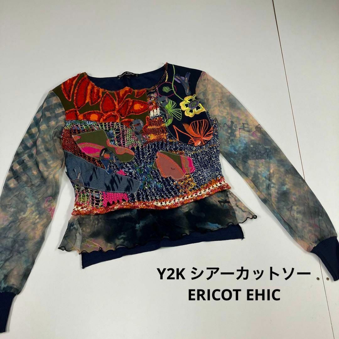 Y2K カットソー　ロンT シアー　シースルー　刺繍　ERICOT EHIC