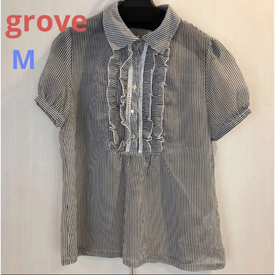 grove(グローブ)のgrove  シアーブラウス　ストライプ　M レディースのトップス(シャツ/ブラウス(半袖/袖なし))の商品写真