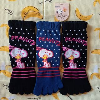 ピーナッツ(PEANUTS)の⑰ タグ付き新品。SNOOPYのクルー丈5本指ソックス3足セット。【新品】(ソックス)